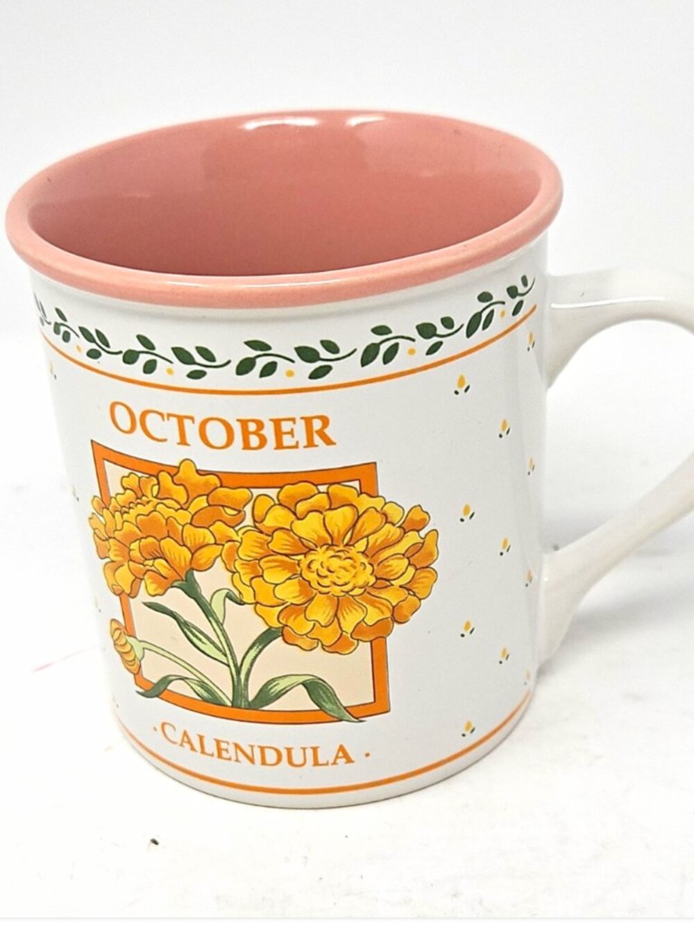 Vintage 1980s October Calendula Flower of the Month Papel Coffee Mug Grannycore